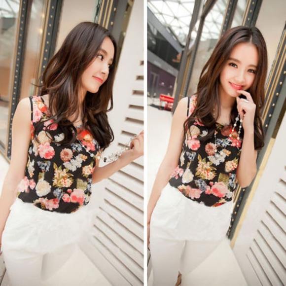 Tops - Black Floral Lightweight Tank Top Blouse